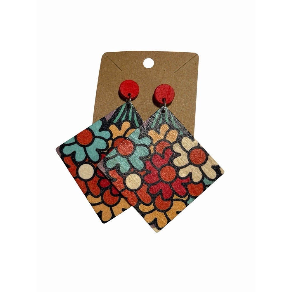 Retro Floral Wood Diamond Drop Earrings Boho 70s Style Statement Jewelry Red